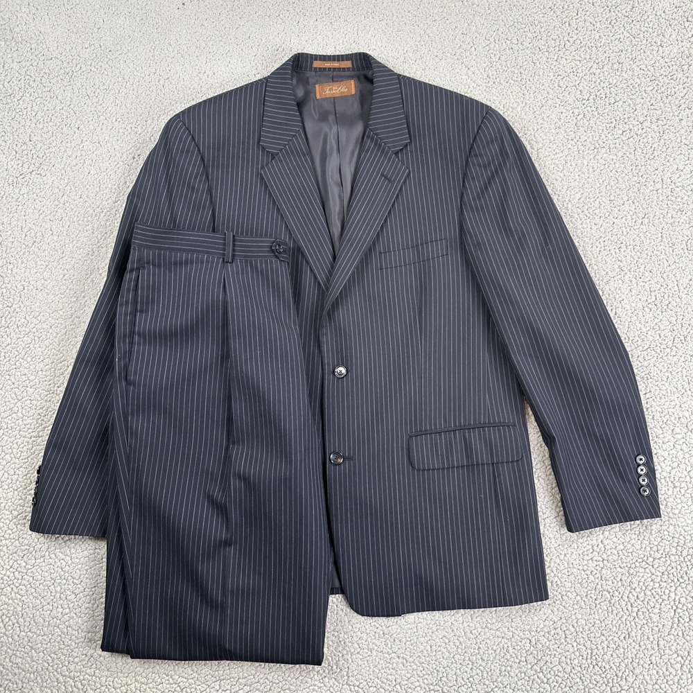 Tasso Elba Wool Pinstripe Suit 42R 36R Pants Navy Blue Pleated Cuffed Woolmark